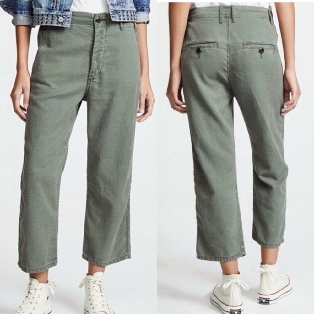 THE GREAT. The Easy Army Linen Blend Green Canvas Trousers Pants